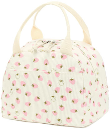 Picture of Bluboon Lunch Bag for Women Men Cute Corduroy Lunch Tote Bags Reusable Insulated Lunch Box Large Capacity Reusable Insulated Cooler for Work Picnic or Travel (Beige strawberry)