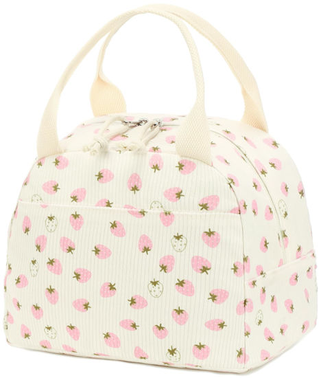 Picture of Bluboon Lunch Bag for Women Men Cute Corduroy Lunch Tote Bags Reusable Insulated Lunch Box Large Capacity Reusable Insulated Cooler for Work Picnic or Travel (Beige strawberry)