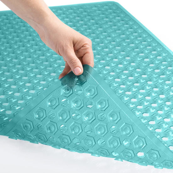 Picture of Gorilla Grip Patented Bath Tub Shower Mat, 35x16 Washable Bathtub Floor Mats, Suction Cups and Drain Holes to Keep Tubs Clean, Turquoise