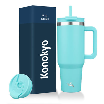 Picture of Konokyo 40 oz Tumbler with Handle and 2 Straws,2 in 1 Lid Insulated Water Bottle Stainless Steel Travel Coffee Mug,Turquoise