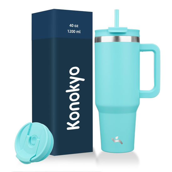 Picture of Konokyo 40 oz Tumbler with Handle and 2 Straws,2 in 1 Lid Insulated Water Bottle Stainless Steel Travel Coffee Mug,Turquoise