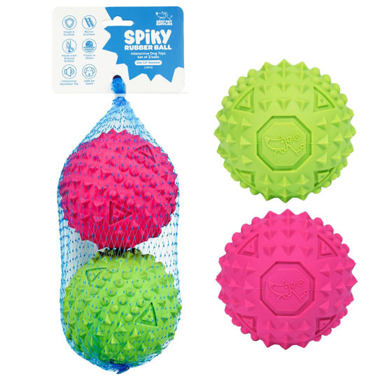 Picture of Best Pet Supplies Squeaky Rubber Spiky Ball Dog Toy Durable Non-Toxic Perfect for Aggressive Chewers Spiked for Dental Health Interactive Dog Toy - Pack of 2 - Fuchsia, Green (L:3.5")