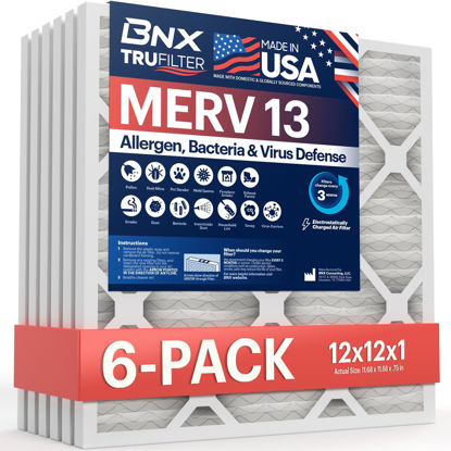 Picture of BNX TruFilter 12x12x1 Air Filter MERV 13 (6-Pack) - MADE IN USA - Electrostatic Pleated Air Conditioner HVAC AC Furnace Filters for Allergies, Pollen, Mold, Bacteria, Smoke, Allergen, MPR 1900 FPR 10
