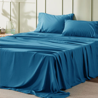 Picture of Bedsure King Size Sheets - Soft Sheets for King Size Bed, 4 Pieces Hotel Luxury Teal Blue Sheets King, Easy Care Polyester Microfiber Cooling Bed Sheet Set