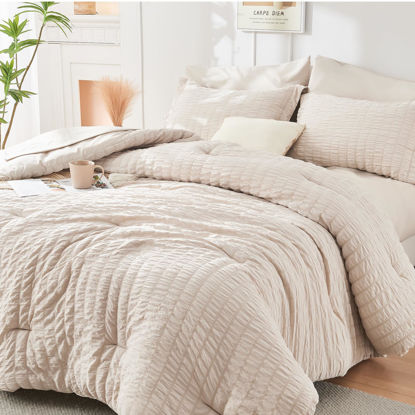 Picture of HYMOKEGE Beige King Size Comforter Set Seersucker 7 Pieces, All Season Luxury Bed in a Bag for Bedroom, Bedding Set with Comforters, Sheets, Pillowcases & Shams