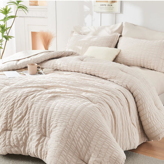 Picture of HYMOKEGE Beige King Size Comforter Set Seersucker 7 Pieces, All Season Luxury Bed in a Bag for Bedroom, Bedding Set with Comforters, Sheets, Pillowcases & Shams