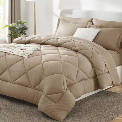 Picture of CozyLux Queen Comforter Set with Sheets 7 Pieces Bed in a Bag Taupe All Season Bedding Sets with Comforter, Pillow Shams, Flat Sheet, Fitted Sheet and Pillowcases