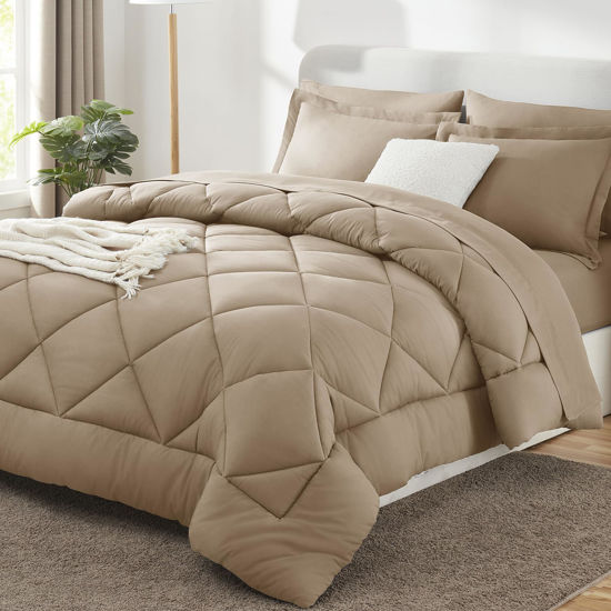 Picture of CozyLux Queen Comforter Set with Sheets 7 Pieces Bed in a Bag Taupe All Season Bedding Sets with Comforter, Pillow Shams, Flat Sheet, Fitted Sheet and Pillowcases