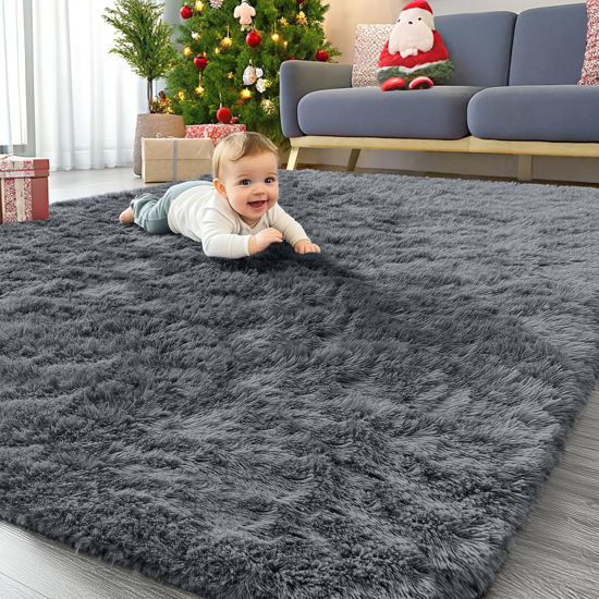 Picture of OLANLY 5x8 Machine Washable Large Area Rugs for Living Room, Bedroom, Soft Fluffy Shaggy Bedside Rug, Indoor Floor Carpet for Kids Girls and Boys, Dorms, Nursery, Home Decor Aesthetic, Grey
