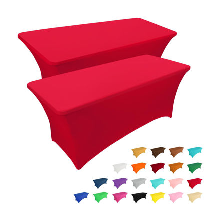 Picture of IVAPUPU 2 Pack 6FT Table Cloth for Rectangular Fitted Events Stretch Red Table Covers Washable Table Cover Spandex Tablecloth Table Protector for Party, Wedding, Cocktail, Banquet, Festival