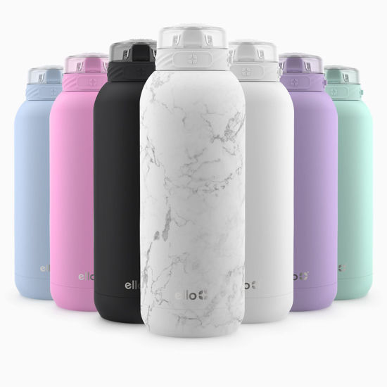 Picture of Ello Cooper 40oz Stainless Steel Water Bottle with Straw and Carry Handle, Double Walled and Vacuum Insulated Metal, Leak Proof Locking Lid with Soft Silicone Spout, Reusable, BPA Free, White Marble