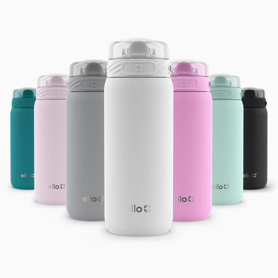 Picture of Ello Cooper 18oz Kids Stainless Steel Water Bottle with Straw and Carry Handle, Double Walled and Vacuum Insulated Metal, Leak Proof Locking Lid with Soft Silicone Spout, Reusable, BPA Free, White