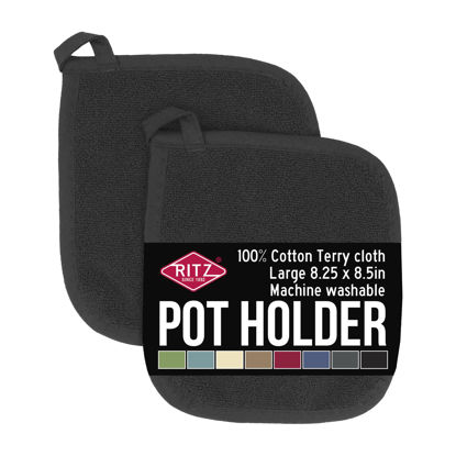 Picture of Ritz Terry Potholder & Hot Pad: Unparalleled Heat Resistant, Durable 100% Cotton - Ergonomically Designed for Optimal Grip - Easy-Care Machine Washable, Perfect for Your Kitchen - Black, 2-Pk