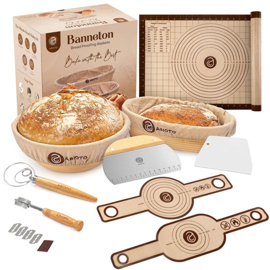 Picture of 9" Round and 10" Oval Banneton Bread Proofing Baskets and Sourdough Bread Baking Supplies, A Complete Sourdough Kit with Bread Lame, Danish Whish, Bowl & Dough Scraper, 2 Bread Slings, and Baking Mat