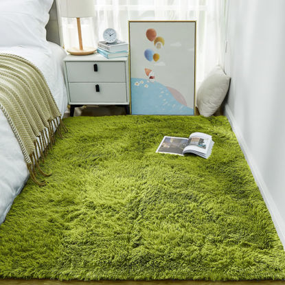Picture of Ophanie Green Grass Area Rugs for Bedroom, 3x5 Shag Fluffy Carpet, Fuzzy Furry Plush Soft Cute Kids Baby Girls Shaggy Bedside Floor Rug for Teen Dorm Nursery Home Decor Aesthetic
