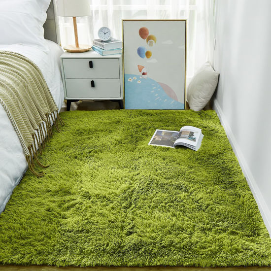 Picture of Ophanie Green Grass Area Rugs for Bedroom, 3x5 Shag Fluffy Carpet, Fuzzy Furry Plush Soft Cute Kids Baby Girls Shaggy Bedside Floor Rug for Teen Dorm Nursery Home Decor Aesthetic