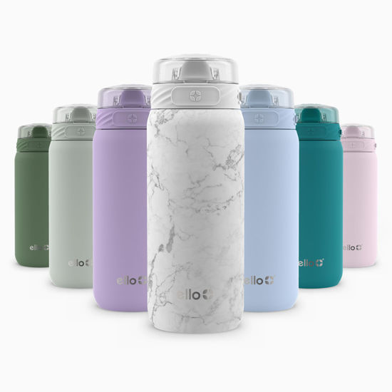 Picture of Ello Cooper 18oz Stainless Steel Water Bottle with Straw and Carry Handle, Double Walled and Vacuum Insulated Metal, Leak Proof Locking Lid with Soft Silicone Spout, Reusable, BPA Free, White Marble