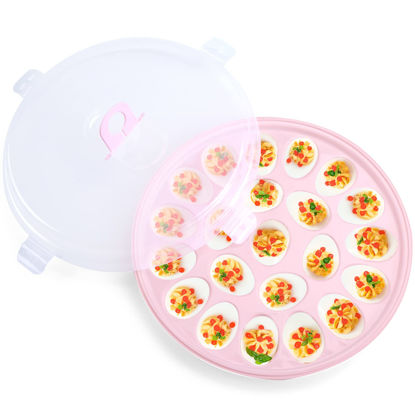 Picture of HANSGO Deviled Egg Carrier with Lid, Pink Deviled Egg Platter with 22 Eggs Devil Egg Trays with Lid for Party Kitchen Supplies