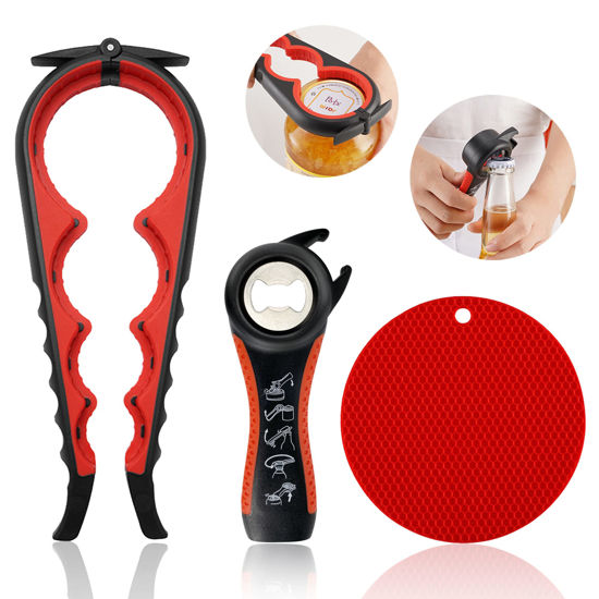 Picture of Jar Opener for Weak Hands, Seniors with Arthritis, 5 in 1 Multi Function Bottle Opener Lid Opener For Arthritic Hands with Non Slip Rubber Jar opener Gripper Pad
