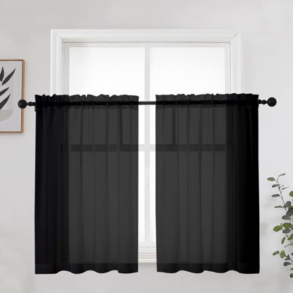Picture of OWENIE Short Black Sheer Curtains 36 Inches 2 Panels Set - Kitchen Tiers Valances Curtains Light Filter Rod Pocket Voile Cafe Curtains for Kitchen Bathroom Small Half Window, 42 in W x 36 in L, Black