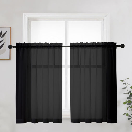 Picture of OWENIE Short Black Sheer Curtains 36 Inches 2 Panels Set - Kitchen Tiers Valances Curtains Light Filter Rod Pocket Voile Cafe Curtains for Kitchen Bathroom Small Half Window, 42 in W x 36 in L, Black