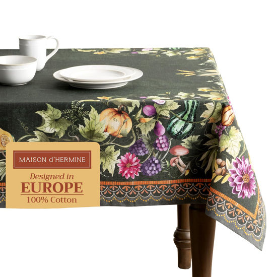 Picture of Maison d' Hermine 100% Cotton Table Cover - 60"x120" Rectangle Decorative Tablecloth - Washable Tablecloths for Dining, Home & Party For Thanksgiving & Christmas - Pumpkin Garden/Dark Green Collection