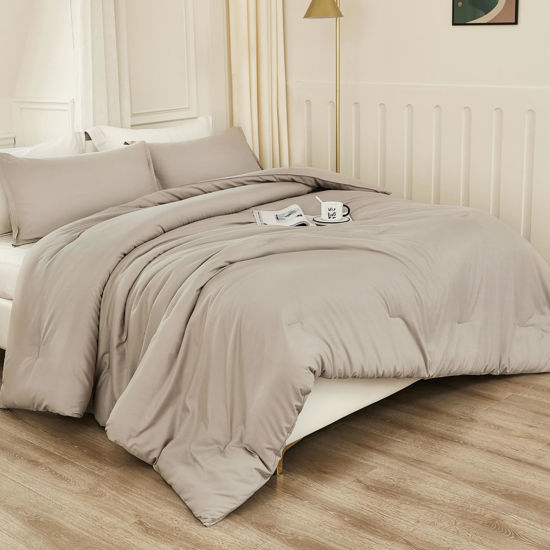 Picture of Litanika Oversized King Comforters Oatmeal Super King Size, 3 Pieces Lightweight Solid Bedding Comforter Set, All Season Fluffy Bed Set (120x120In Comforter & 2 Pillowcases)