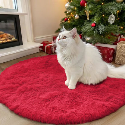 Picture of OLANLY Red Round Rugs for Bedroom - Machine Washable, 3x3 Feet Circle Area Rugs for Living Room, Soft and Fluffy Shaggy Carpet for Teen Girls and Boys, Dorms, Nursery Rooms, Home Decor Aesthetic