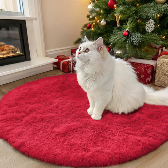 Picture of OLANLY Red Round Rugs for Bedroom - Machine Washable, 3x3 Feet Circle Area Rugs for Living Room, Soft and Fluffy Shaggy Carpet for Teen Girls and Boys, Dorms, Nursery Rooms, Home Decor Aesthetic