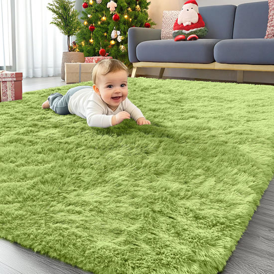 Picture of OLANLY Area Rugs for Living Room Bedroom, Machine Washable 4x5.9 Feet Soft Fluffy Shaggy Bedside Rug, Indoor Floor Carpet for Kids Girls Boys, Dorms, Nursery Rooms, Home Decor Aesthetic, Grass Green