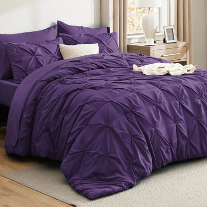 Picture of Bedsure Purple Comforter Set Queen - Bed in a Bag Queen 7 Pieces, Pintuck Bedding Sets Purple Bed Set with Comforter, Sheets, Pillowcases & Shams