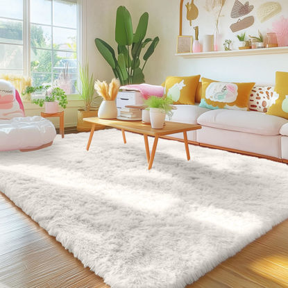Picture of OLANLY Area Rugs for Living Room Bedroom, Machine Washable 4x5.9 Feet Soft Fluffy Shaggy Bedside Rug, Indoor Floor Carpet for Kids Girls and Boys, Dorms, Nursery Rooms, Home Decor Aesthetic, Ivory