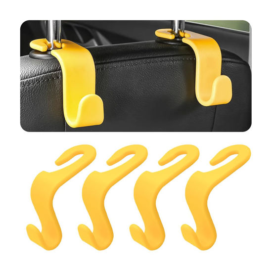 Picture of 4PCS Car Back Seat Headrest Hooks, Rear Car Seat Storage Headrest Hanger Holder Hooks Organizer, Universal Auto Interior Accessories for Bag Purse Handbag Cloth Coats Grocery (Yellow)