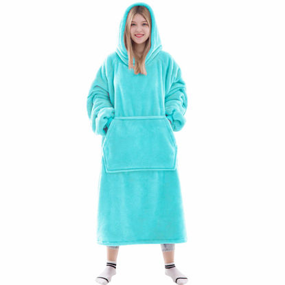 Picture of Waitu Wearable Blanket Sweatshirt for Women and Men, Super Warm and Cozy Giant Blanket Hoodie, Thick Flannel Blanket with Sleeves and Giant Pocket - Cyan