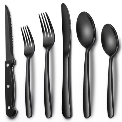 Picture of Black Heavy Duty Silverware Set, 24-Piece Stainless Steel Flatware Set with Steak Knives for 4, Food-Grade Tableware Cutlery Set, Utensil Sets for Home Restaurant, Mirror Finish, Dishwasher Safe