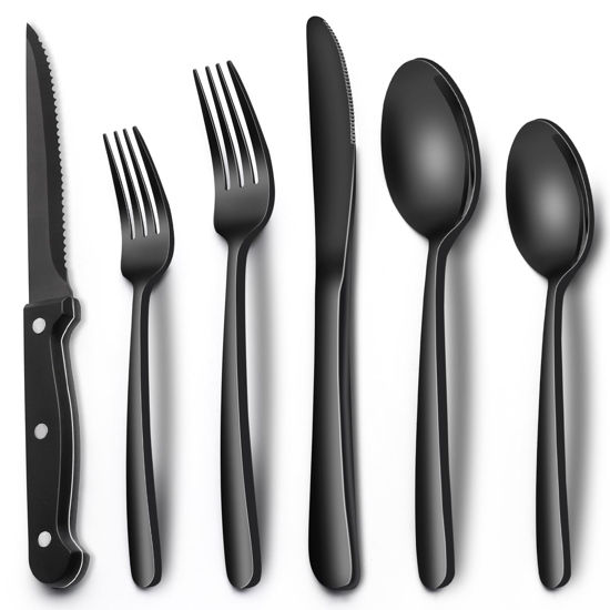 Picture of Black Heavy Duty Silverware Set, 24-Piece Stainless Steel Flatware Set with Steak Knives for 4, Food-Grade Tableware Cutlery Set, Utensil Sets for Home Restaurant, Mirror Finish, Dishwasher Safe