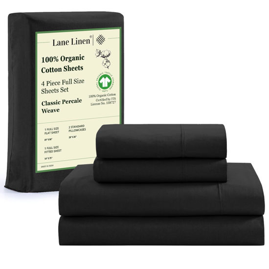 Picture of LANE LINEN 100% Organic Cotton Full Sheets Set, 4-Piece Pure Organic Cotton Percale Sheets, Long Staple Cotton Sheets, Ultra Soft Bedding Sheets, Breathable,Fits Mattress Upto 15" Deep - Black