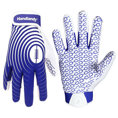 Picture of HANDLANDY Football Gloves Youth, Sticky Kids Receiver Gloves for Boys Girls, Stretch Fit Flag Football Gloves (White and Blue, Medium)