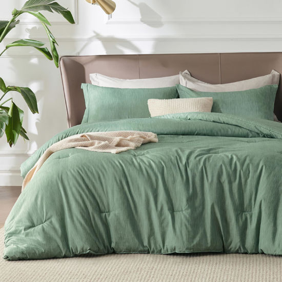 Picture of Bedsure King Size Comforter Set - Green King Comforter Set, Soft Bedding for All Seasons, Cationic Dyed Bedding Set, 3 Pieces, 1 Comforter (104"x90") and 2 Pillow Shams (20"x36"+2")