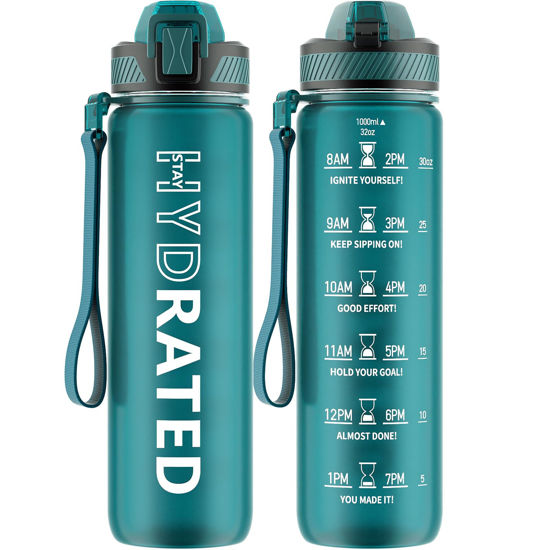 Picture of QLUR Water Bottle with Straw, 32oz Motivational Water Bottles with Time Marker to Drink, Tritan BPA Free, 1L Sports Water Bottle with Carry Strap LeakProof for Women Gym Fitness Outdoor (1 Pack)