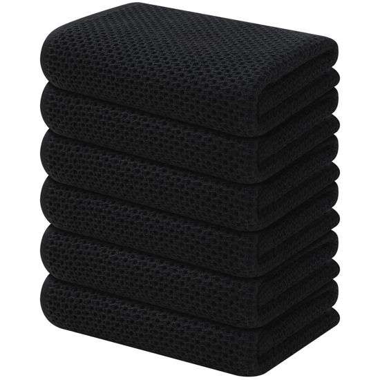 Picture of Kitinjoy 100% Cotton Waffle Weave Kitchen Towels, 6-Pack Super Soft and Absorbent Kitchen Dish Towels for Drying Dishes, Kitchen Hand Towels, 13 in x 28 in, Black