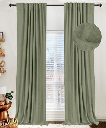 Picture of 100% Blackout Shield Linen Blackout Curtains for Bedroom 96 Inches Long, Back Tab/Rod Pocket Living Room Drapes, Thermal Insulated Blackout Curtains 2 Panels Set, 50" W x 96" L, Light Sage
