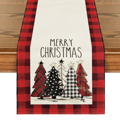 Picture of Artoid Mode Watercolor Red and Black Buffalo Plaid Christmas Trees Merry Xmas Table Runner, Seasonal Winter Holiday Kitchen Dining Table Decoration for Indoor Outdoor Home Party Decor 13 x 120 Inch