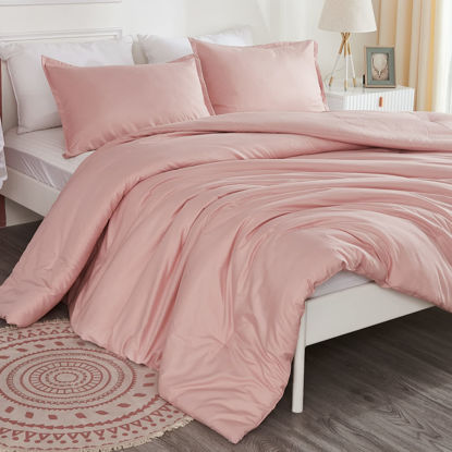 Picture of Litanika Pink Comforter Set Full Size for Girls, 3 Pieces Blush Women Plain Bedding Comforter Set, All Season Bed Set (79x90In Comforter & 2 Pillowcases)