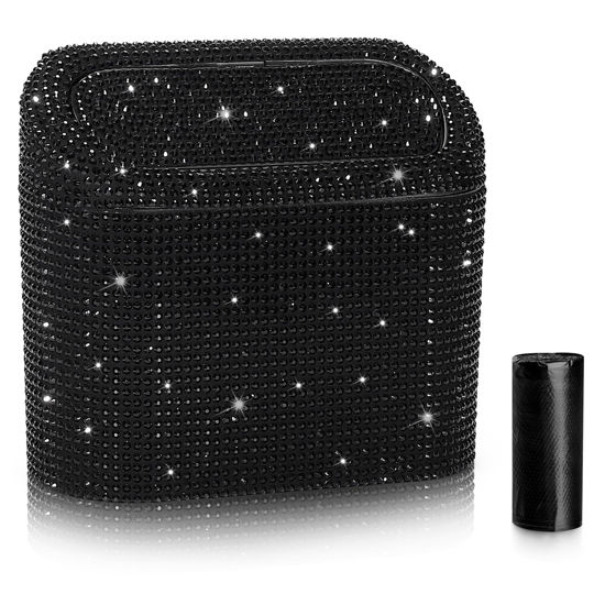 Picture of Accmor Bling Car Trash Can with Lid, Mini Vehicle Trash Bin Car Dustbin Garbage Organizer Storage, Sparkling Crystal Rhinestone Trash Bags Holder Container with 30pcs Garbage Bags Car Accessories