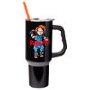 Picture of Silver Buffalo Chucky Holding Knife Wanna Play Spooky Scary Stainless Steel Tumbler with Handle and Straw, Fits in Standard Cup Holder, 40 Ounces