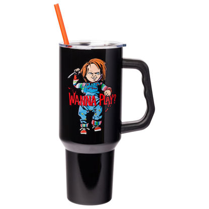 Picture of Silver Buffalo Chucky Holding Knife Wanna Play Spooky Scary Stainless Steel Tumbler with Handle and Straw, Fits in Standard Cup Holder, 40 Ounces