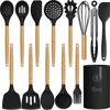 Picture of Silicone Cooking Utensils Set Utensil Sets - 446°F Heat Resistant Silicone Kitchen Utensils Set Wooden Handles, Silicone Utensils for Cooking w Holder for Non-Stick Cookware BPA FREE (Black)