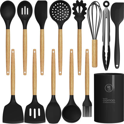 Picture of Silicone Cooking Utensils Set Utensil Sets - 446°F Heat Resistant Silicone Kitchen Utensils Set Wooden Handles, Silicone Utensils for Cooking w Holder for Non-Stick Cookware BPA FREE (Black)