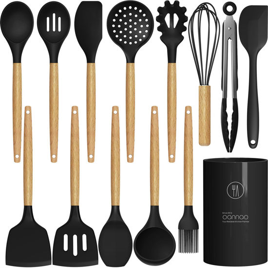 Picture of Silicone Cooking Utensils Set Utensil Sets - 446°F Heat Resistant Silicone Kitchen Utensils Set Wooden Handles, Silicone Utensils for Cooking w Holder for Non-Stick Cookware BPA FREE (Black)